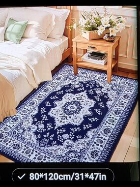NEW Navy Blue and White Oriental-Style Area Rug